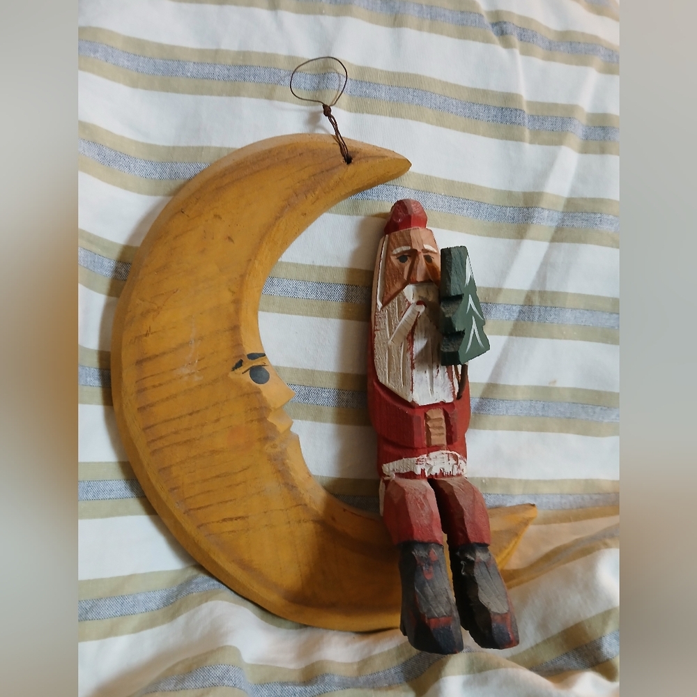Vintage Santa Claus On Crescent Moon Christmas Decor Made In USA